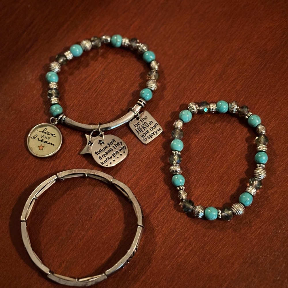 Turquoise and Silver inspirational Beaded Bracelet Set